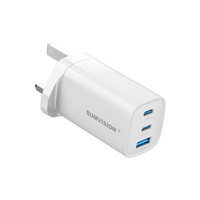 SUMVISION Universal 3 Port USB White Laptop Wall Charger, 65W, GaN, Multiport USB Connections with Type-C, USB-A QC 3.0 Fast Charge & USB-A, Includes UK Plug, Suitable for USB-C Laptop Charging, UK Design and Free UK Tech Support