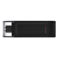 Kingston DT70/64GB DataTraveler 64GB USB Flash Drive, USB 3.2,  USB-C, Gen1, 80MB/s, Clear Cap, Black, Retail.