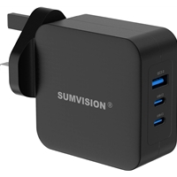 SUMVISION Universal 3 Port USB Black Laptop Wall Charger, 65W, GaN, Multiport USB Connections with Type-C, USB-A QC 3.0 Fast Charge & USB-A, Includes UK Plug, Suitable for USB-C Laptop Charging, UK Design and Free UK Tech Support